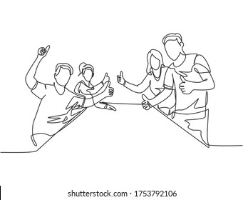 Single line drawing group of young happy businessmen and businesswomen giving thumbs up gesture together. Business meeting concept. Continuous line graphic draw design vector illustration