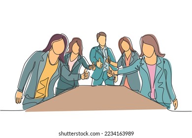 Single line drawing group of young happy businessmen and businesswoman standing up together and giving thumbs up gesture. Business meeting concept. Continuous line draw design vector illustration