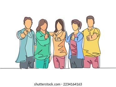 Single line drawing group of young happy businessmen and businesswomen standing up and giving thumbs up gesture together. Business meeting concept. Continuous line draw design vector illustration