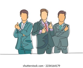 Single line drawing group of young happy businessmen standing together and giving thumbs up gesture. Business owner teamwork concept. Continuous line draw design vector illustration