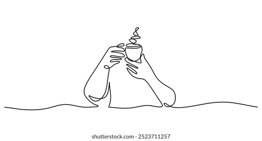 Single line drawing of a hand with a cup of coffee. Minimalist depiction of a warm drink. Vector illustration.