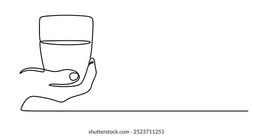 Single line drawing of a hand gripping a water glass. Minimalist design for a healthy living concept. Vector illustration.