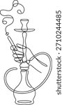 Single line drawing of hand holding hookah pipe with smoke