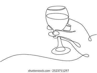 Single line drawing of a hand holding a glass of water. Simple and elegant design for a hydration concept. Vector illustration.