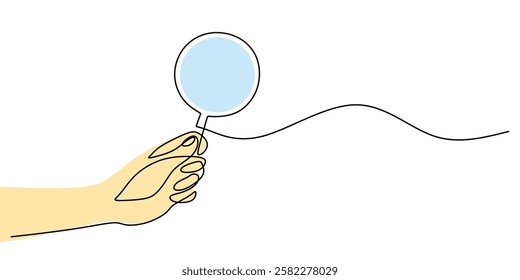 Single line drawing of a hand holding a magnifying glass. Represents exploration, research, and inspection. Vector illustration hand drawn.