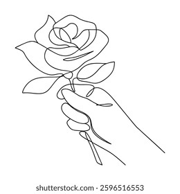 Single Line Drawing Hand Holding a Delicate Rose Flower