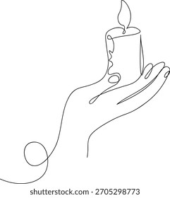 Desenho de linha única de uma mão segurando uma vela acesa.