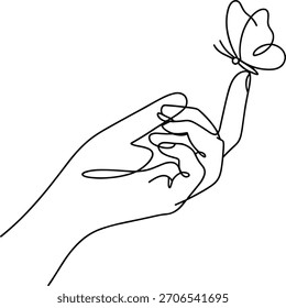 Single line drawing of a hand holding a butterfly finger