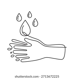 Un dibujo de una sola línea de una mano sosteniendo una hoja con gotitas de agua