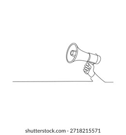 A single line drawing of a hand holding and using a vintage megaphone
