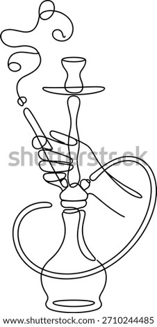 Single line drawing of hand holding hookah pipe with smoke