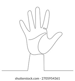 Un dibujo de una sola línea de una mano que muestra el número cinco. Cinco dedos. Línea editable