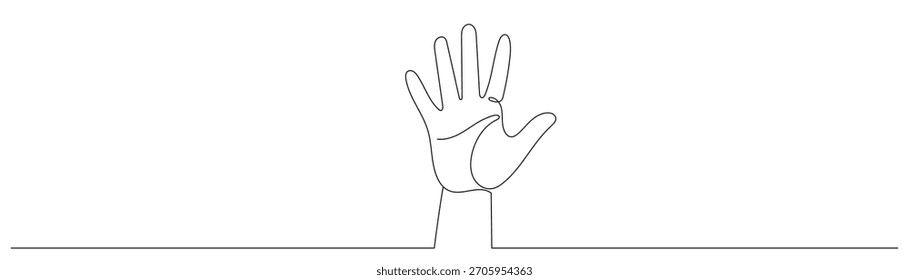 Un dibujo de una sola línea de una mano que muestra el número cinco. Cinco dedos. Línea editable