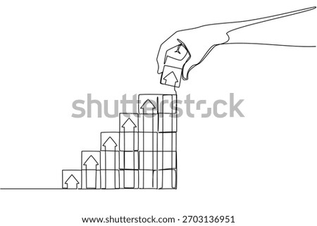 Single line drawing of a hand stacking blocks with rising upward arrow onto a staircase, a business concept of National Productive Business Civility Day event. Show teamwork, trust, efficiency, target