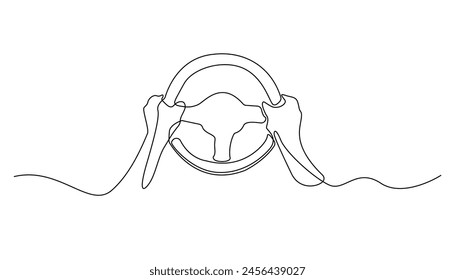 Einzeilige Zeichnung der Hand und des Lenkrads des Fahrzeugs. Einzeilige Vektorgrafik des Hand haltenden Lenkrads des Fahrzeugs. Einfache Linien-Vektorillustration