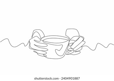 Single line drawing of hands holding a cup of tea. Relaxing beverage concept. National Hot Tea Day. World event. A symphony of flavors in every cup