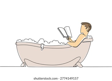 Single line drawing of a handsome young man reading inside a bathtub with bubble. This attractive lifestyle concept is great for International Bath Day flyers and personal grooming articles.