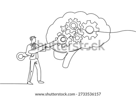 Single line drawing of handsome young businessman in suit repairing mechanic gears inside brain, perfect for health and business concept presentation or professional medical wall decor for clinics