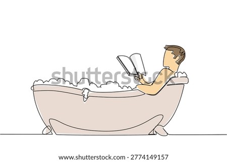 Single line drawing of a handsome young man reading inside a bathtub with bubble. This attractive lifestyle concept is great for International Bath Day flyers and personal grooming articles.