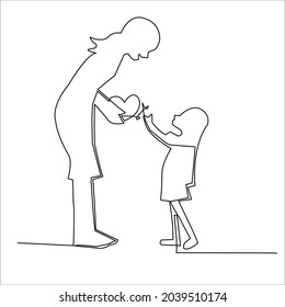 Single line drawing of a happy young mother playing with her child at home isolated on white background. The concept of family as parents. Vector illustration