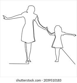  Single line drawing of a happy young mother playing with her child at home isolated on white background. The concept of family as parents. Vector illustration