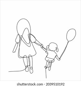  Single line drawing of a happy young mother playing with her child at home isolated on white background. The concept of family as parents. Vector illustration