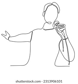 
Single line drawing of happy young male pop singer holding microphone and singing on music concert stage. Trendy musician artist performance concept vector illustration one line draw design