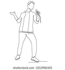 
Single line drawing of happy young male pop singer holding microphone and singing on music concert stage. Trendy musician artist performance concept vector illustration one line draw design