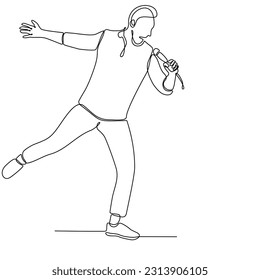 
Single line drawing of happy young male pop singer holding microphone and singing on music concert stage. Trendy musician artist performance concept vector illustration one line draw design