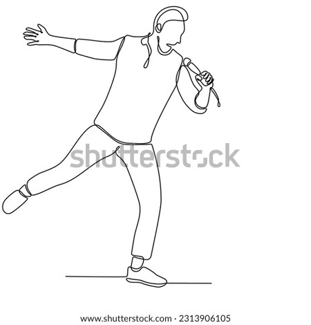 
Single line drawing of happy young male pop singer holding microphone and singing on music concert stage. Trendy musician artist performance concept vector illustration one line draw design