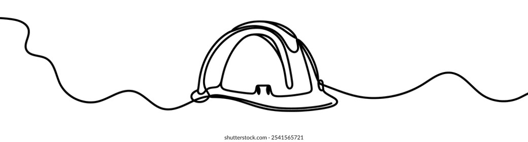  Desenho de linha única de um chapéu rígido que representa a segurança e a proteção do local de trabalho na indústria da construção