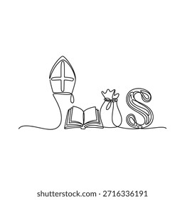 A single line drawing of a hat open book gift and the letter s