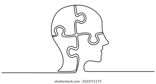 Desenho de linha única de uma cabeça em forma de quebra-cabeça. Uma descrição minimalista da complexidade mental. Ilustração vetorial.
