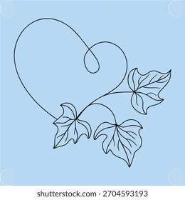 Línea única que dibuja el corazón entrelazado con hojas de vid contra azul claro