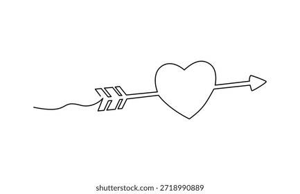 Dibujo de una sola línea del corazón perforado por el amor de la flecha