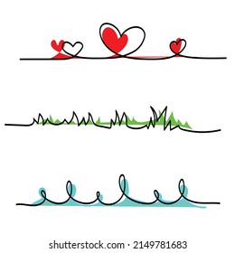 single line drawing, heart shape, grass, water drop