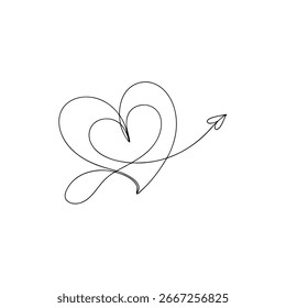 Single line drawing a heart shape with an arrow Continous line love