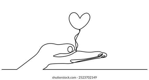 Single line drawing of a heart symbol resting on a hand. A minimalist illustration conveying love and tenderness. Vector illustration.