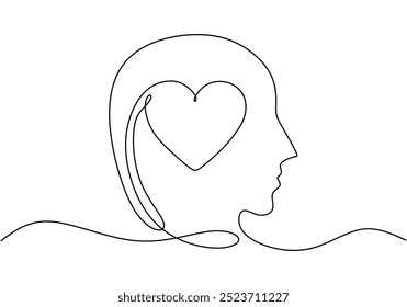 Dibujo de una sola línea de un símbolo de corazón dentro de una cabeza. Diseño minimalista centrado en el equilibrio de la mente y el corazón. Ilustración vectorial.