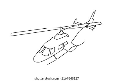 Single line drawing of a helicopter. A type of rotorcraft in which lift and thrust are supplied by horizontally spinning rotors. Vector illustration for transportation concept
