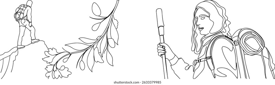 Desenho de linha única de um caminhante com uma ilustração de ramo para aventura e viagem
