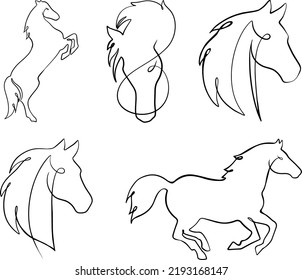 Dibujo de una sola línea de un vector de caballo blanco y negro.  identidad del logo de la elegante compañía de caballos. Corriendo caballo. El concepto de símbolo animal de mamífero de caballo pony.