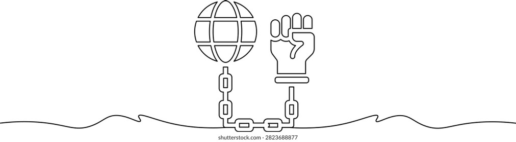 A single line drawing of a human fist raised in protest and linked by a metal chain to a world globe symbol representing global struggle and human rights
