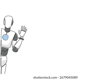 Dibujo de una sola línea de un robot humanoide saludando desde el lado de la pared, simbolizando la tecnología, la IA y la interacción moderna en un concepto de negocio futurista para la celebración del Día de Say Hi.