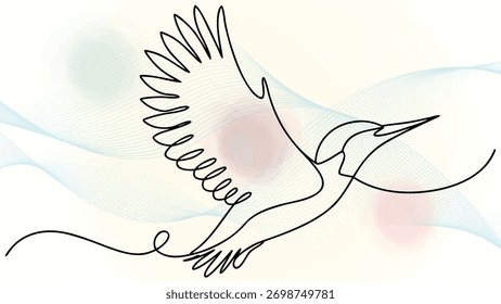 Einzeilige Zeichnung eines Kolibri im Flug mit abstrakten Wellen Kreise fliegen elegant kontinuierlich