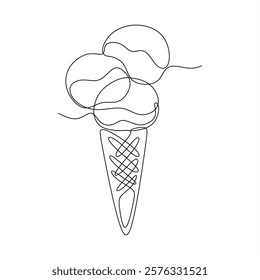 Single line drawing of ice cream in a cone. Hand drawing ice cream logo. Food and drink line art sketching.