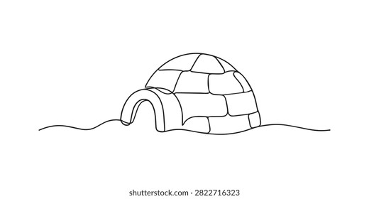 Single line drawing of an igloo. Continuous line drawing of a traditional Inuit snow house. Symbol of Arctic culture and winter life. Vector illustration.