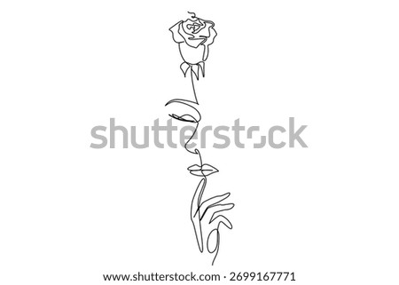 Single line drawing illustrates a woman’s face and hand transformed into a rose for National Red Rose Day, merging art concept minimalism with symbolic love and beauty in elegant simplicity.