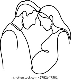 A single line drawing illustrating a man and a pregnant woman standing close together with their foreheads touching representing love and family