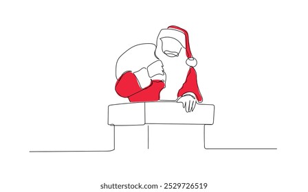Single line drawing illustration of 
 Christmas Santa Character Try To Climb Up The Chimney With Snow And Winter Forest Background Flat Design Illustration. Hand made vector not AI.